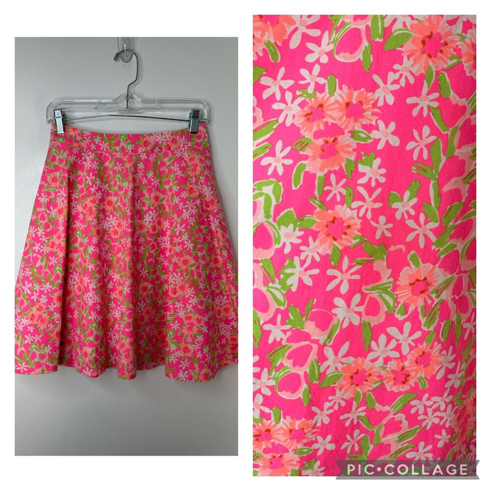 Lilly Pulitzer Neon Floral Print A-Line Skirt Cotton Womens Sz 2 Side Zip Lined